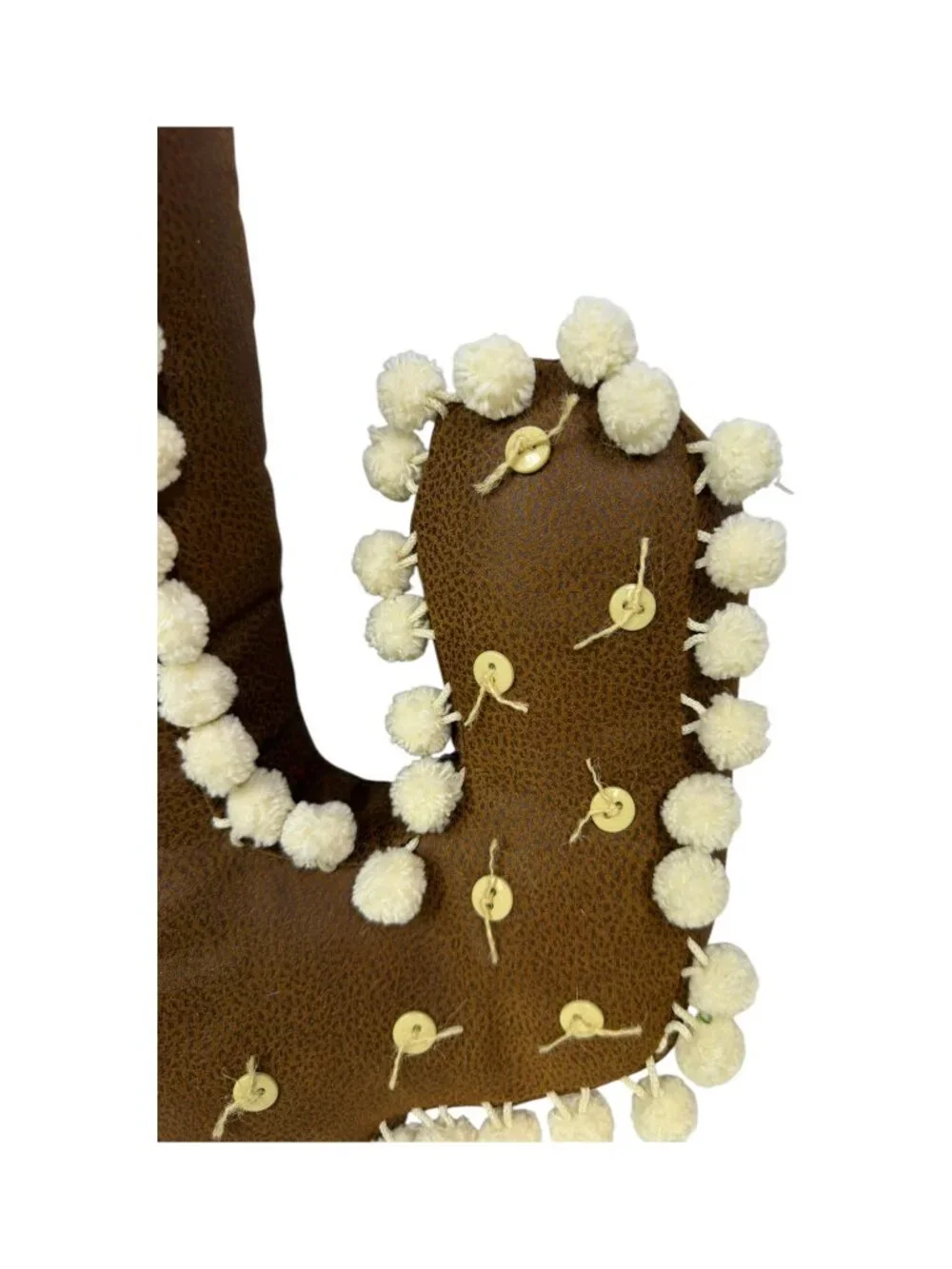 Southwestern Cactus Shaped Pillow Brown Pom Pom Button Rustic Boho 19x14